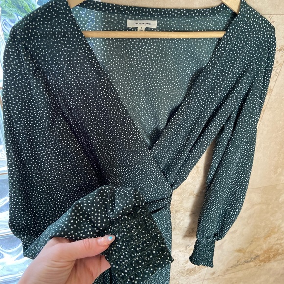 Chic Forest Green Polka Dot Wrap Long Sleeve Midi Dress - Picture 4 of 6